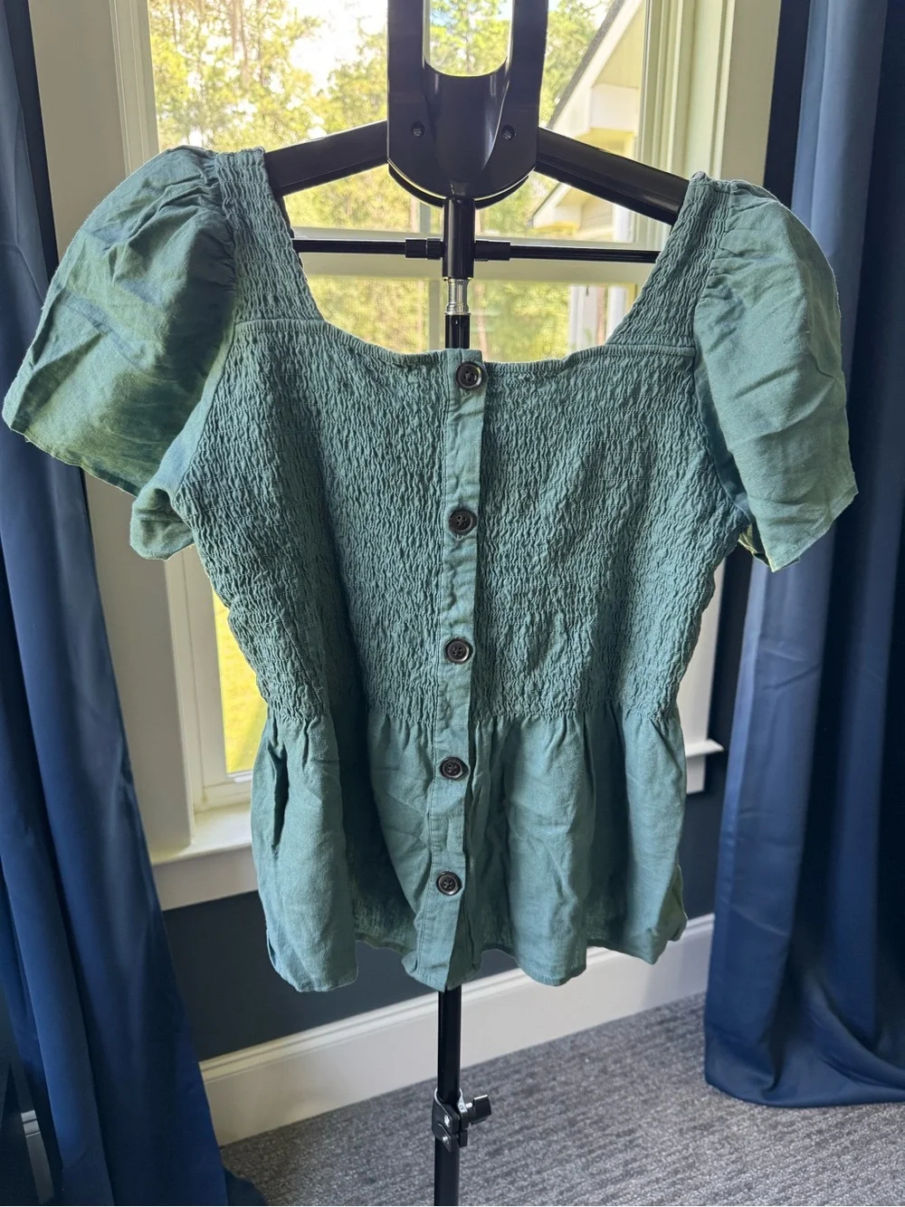 Madewell Linen-Blend Lucie Smocked Peplum Top in Faded Shale Size Medium